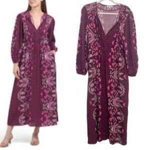 CELINA MOON Plum Floral V-Neck Long Sleeve Maxi Dress